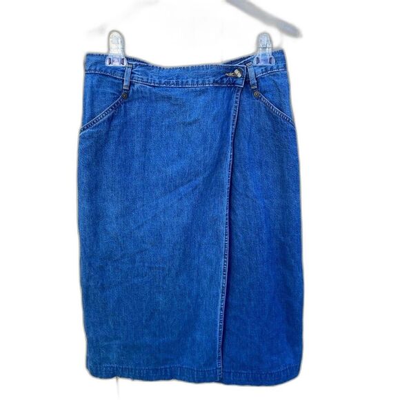 Vintage Dockers Blue Denim Wrap Knee Length Skirt Cotton Size 14P - Picture 2 of 7